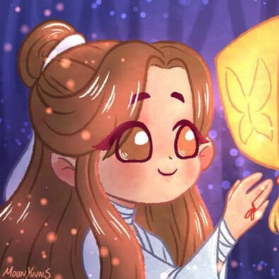 A drawing of Xie Lian looking at a lantern with a butterfly drawn on it. His eyes are huge and adorable.