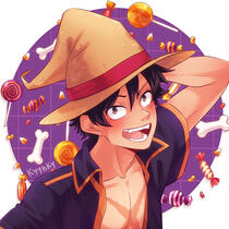 A drawing of straw hat Luffy with his straw hat msde to look like a witch's hat.Candy and bones fill tje background
